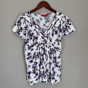 ELLE Floral Babydoll Top Purple Flutter Sleeve Empire Waist Pintuck Boho Y2K